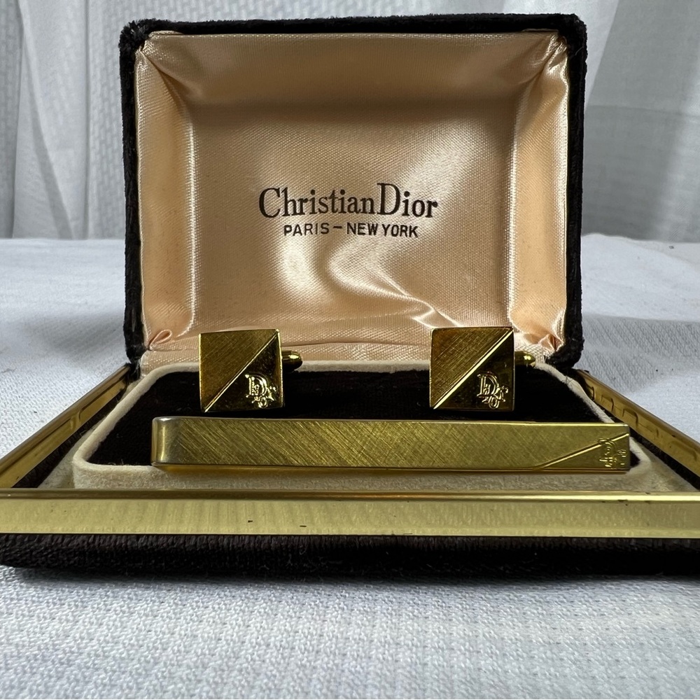 Christian Dior Vintage Gold-Tone Cufflinks & Tie Bar Set